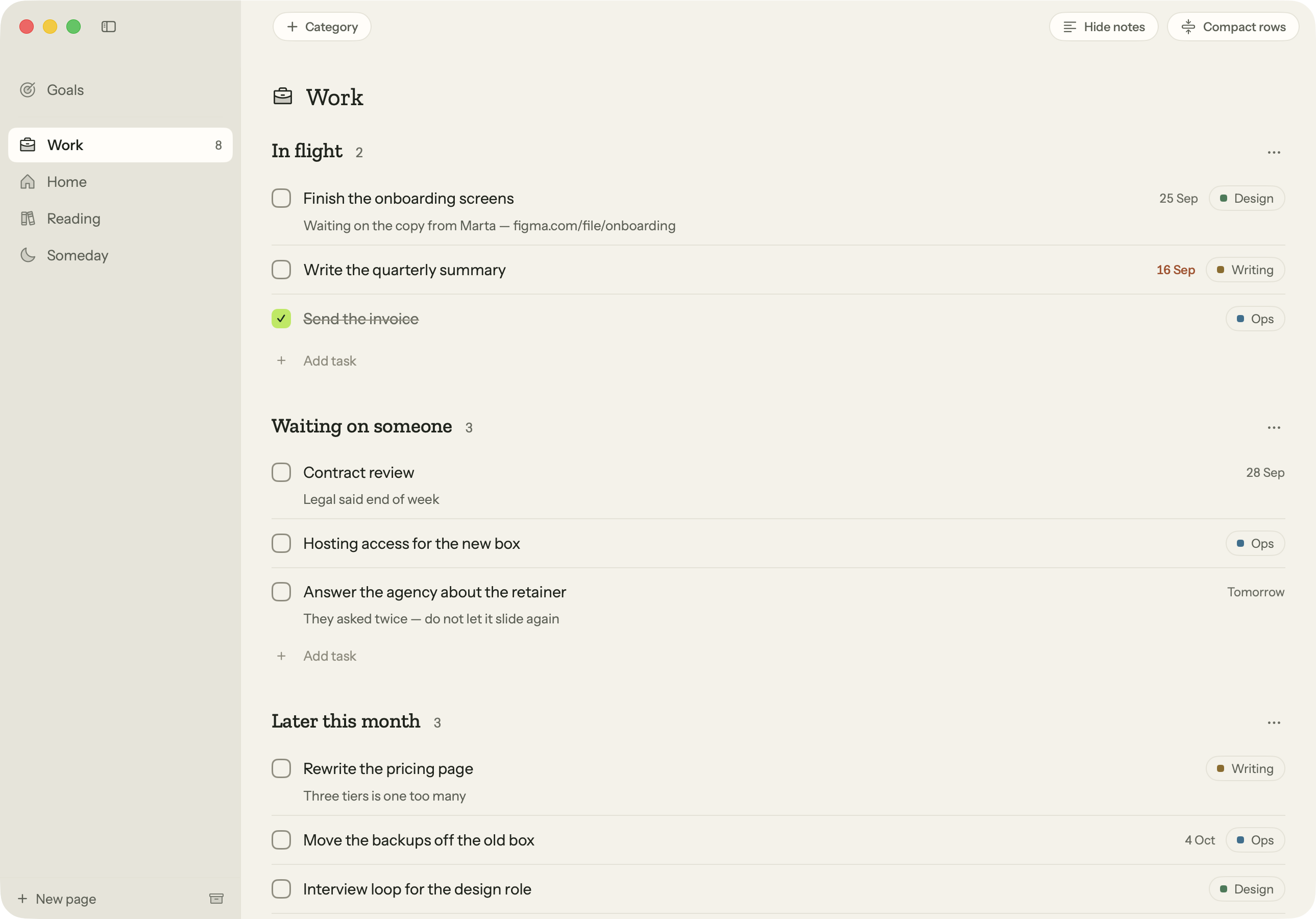 The Lanes window: pages in the sidebar, categories and tasks on the page.
